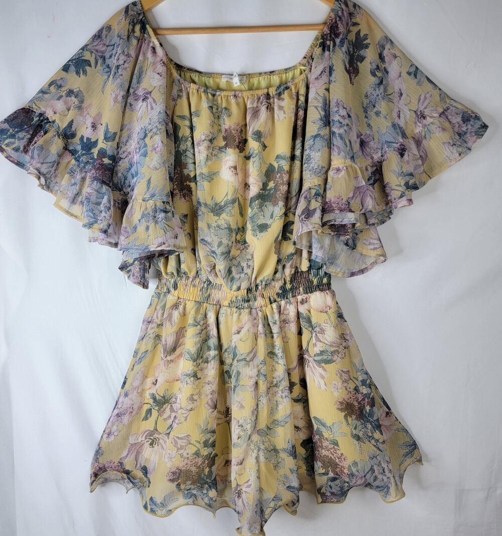 Cottagecore M Romper Yellow Colorful Floral Off Shoulders Ruffled Trim Festival